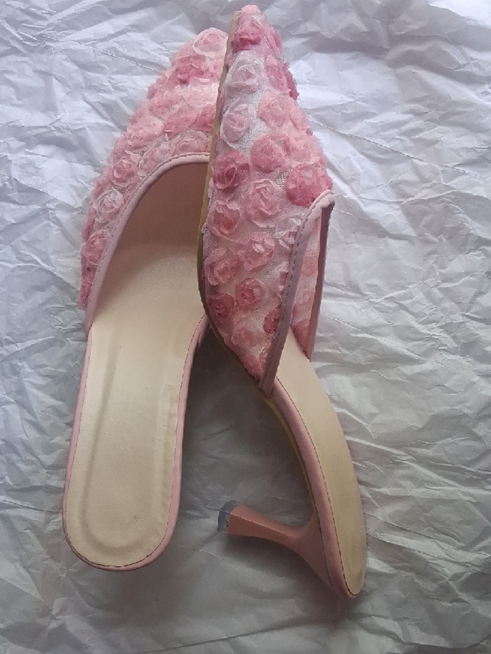 Pink Floral Mesh Pointed Toe Mules With Low Kitten Heel, NWB. - Picture 9 of 13